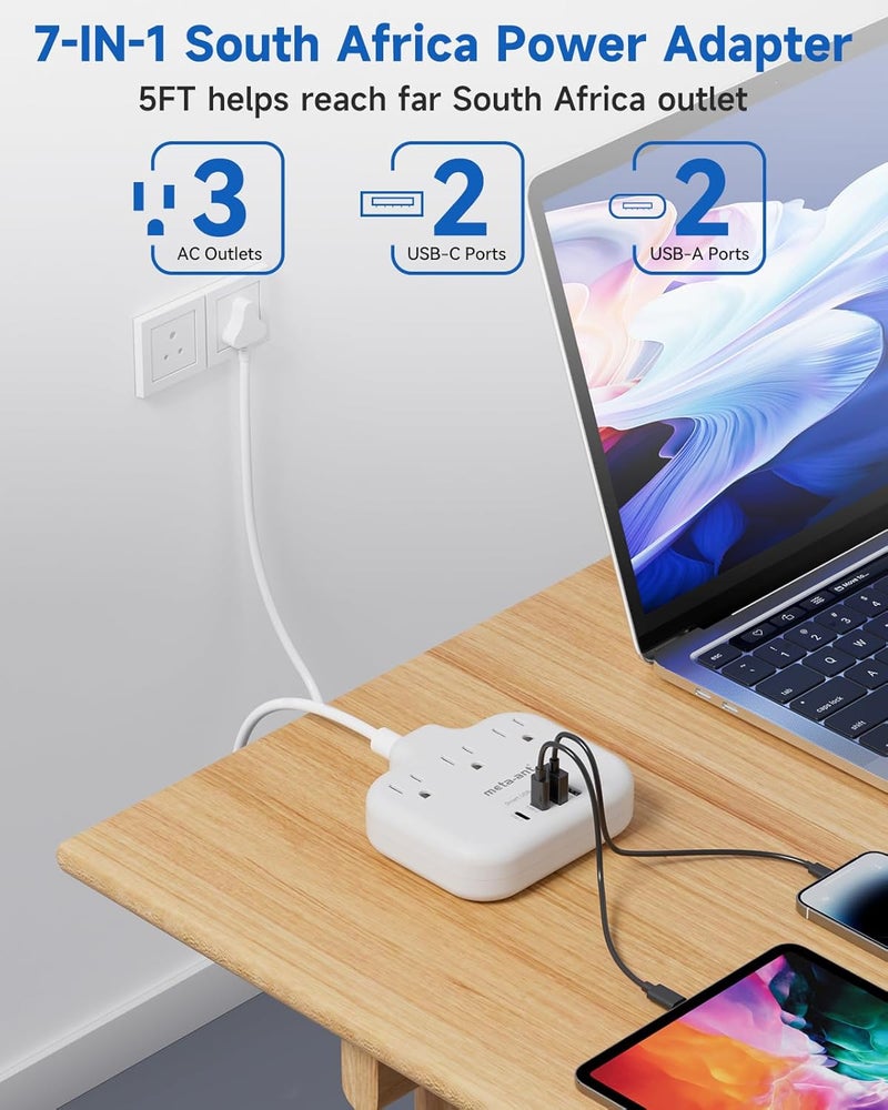 meta-ant South Africa Plug Adapter, Type M Adapter for South Africa with 3 AC Outlets & 4 USB Ports(2 USB C) 15.5W, 3FT Extension Cord, Africa Travel Essentials for USA to South Africa Namibia Nepal Malaysi - Image 5